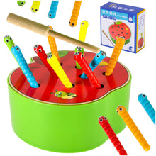 Magnetinis montessori vikšrelių gaudymo žaidimas, medinis obuolys