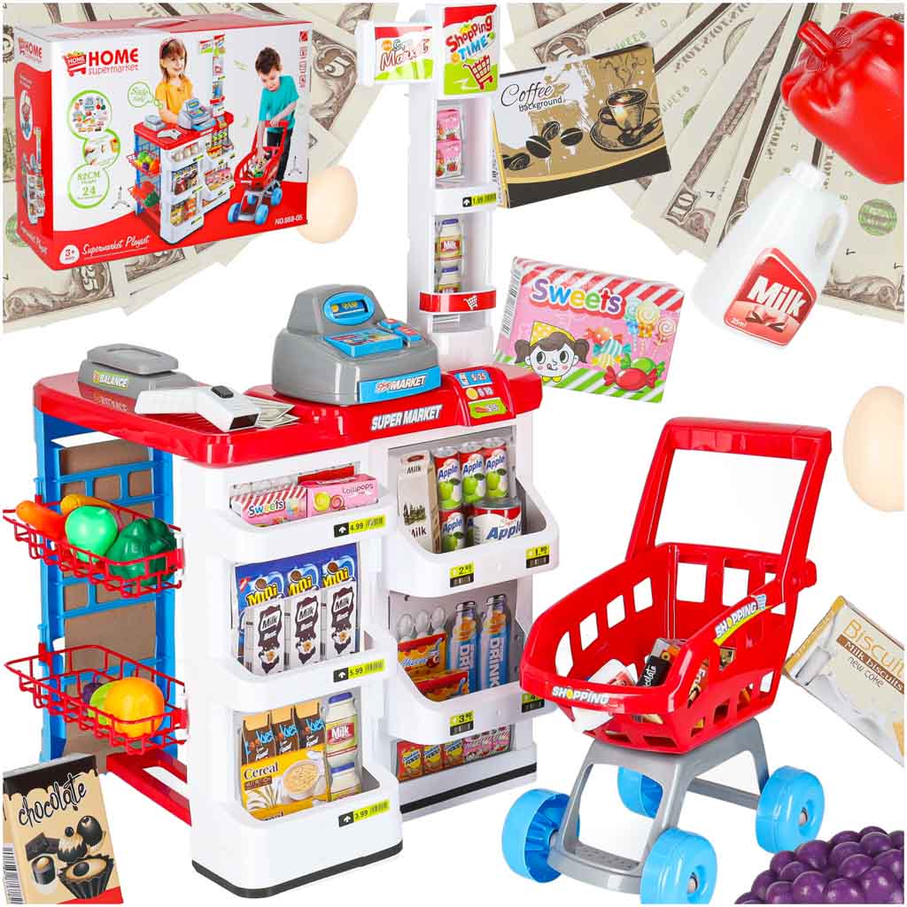 Kids Supermarket Play Set with Cash Register & Shopping Cart 47PCS